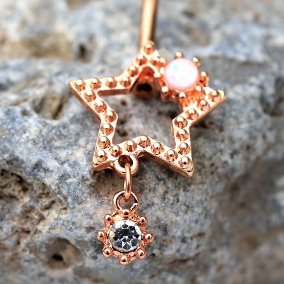 Rose Gold Plated Star Drop Belly Button Ring - Picture 3 of 3